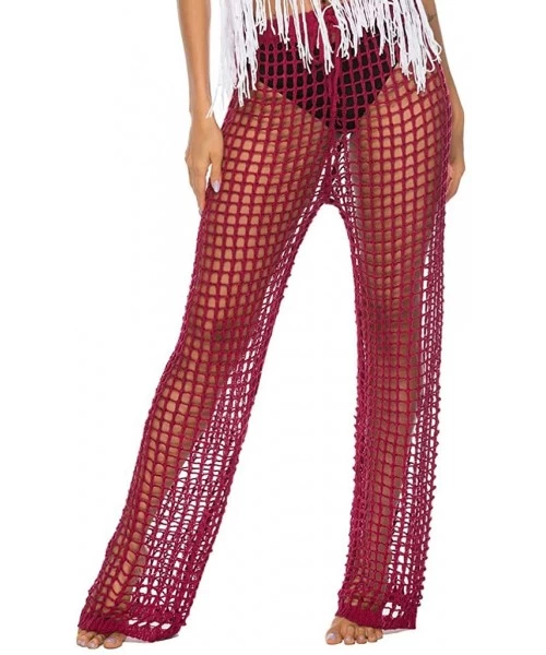 Cover-Ups Womens Cover Up Pants Sexy Hollow Out Crochet High Waist Mesh Swimsuits Pants - Red-hollow Out Crochet - CI18W2EQ49K