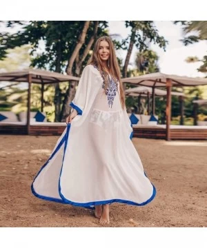 Cover-Ups Women Beach Chiffon Caftans Cover Ups Embroidered Loose Turkish Kaftans Robe Beachwear Long Dress - A-white - CI199...