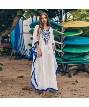 Cover-Ups Women Beach Chiffon Caftans Cover Ups Embroidered Loose Turkish Kaftans Robe Beachwear Long Dress - A-white - CI199...