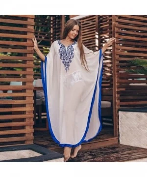 Cover-Ups Women Beach Chiffon Caftans Cover Ups Embroidered Loose Turkish Kaftans Robe Beachwear Long Dress - A-white - CI199...