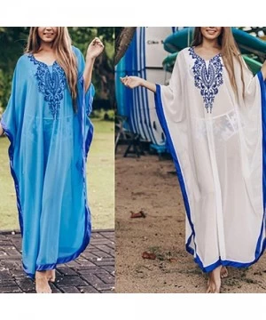 Cover-Ups Women Beach Chiffon Caftans Cover Ups Embroidered Loose Turkish Kaftans Robe Beachwear Long Dress - A-white - CI199...