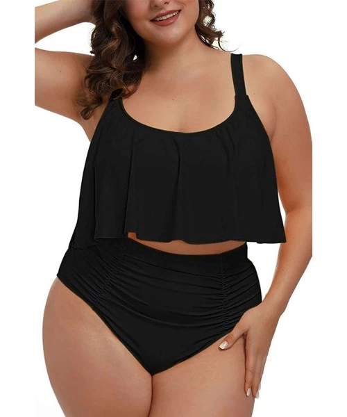 One-Pieces Women Plus Size 2 Piece Bikinis Tummy Control Floral Print Ruffle Swimsuits - 02 - Black - C81952WW0DC