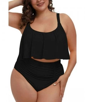 One-Pieces Women Plus Size 2 Piece Bikinis Tummy Control Floral Print Ruffle Swimsuits - 02 - Black - C81952WW0DC