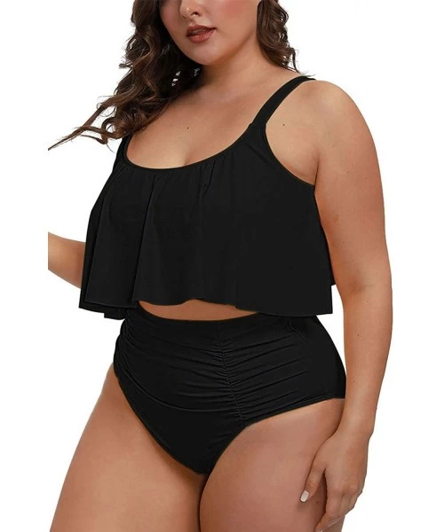 One-Pieces Women Plus Size 2 Piece Bikinis Tummy Control Floral Print Ruffle Swimsuits - 02 - Black - C81952WW0DC