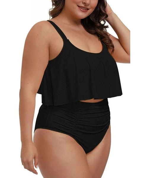 One-Pieces Women Plus Size 2 Piece Bikinis Tummy Control Floral Print Ruffle Swimsuits - 02 - Black - C81952WW0DC