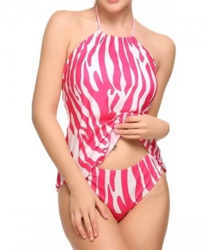 Tankinis Halter Tankini Swimsuit Women Printed High Heck Bikini Two Pieces Bathing Suit (FBA) - Rose Red - C51820R8RYY