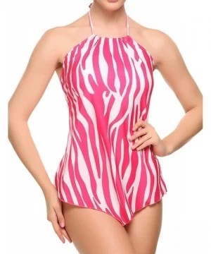 Tankinis Halter Tankini Swimsuit Women Printed High Heck Bikini Two Pieces Bathing Suit (FBA) - Rose Red - C51820R8RYY