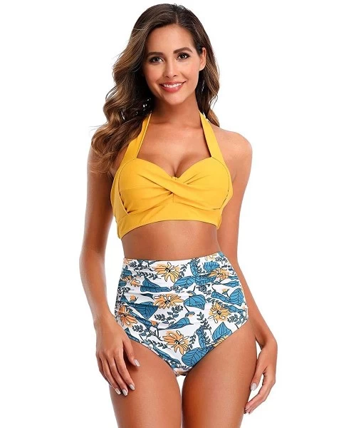 Sets Women Vintage Tropical Print Swimsuit Retro Halter Ruched High Waist Bikinis Bra Set Swimwear Two Piece Bathing Suit - Y...