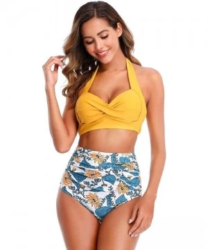 Sets Women Vintage Tropical Print Swimsuit Retro Halter Ruched High Waist Bikinis Bra Set Swimwear Two Piece Bathing Suit - Y...