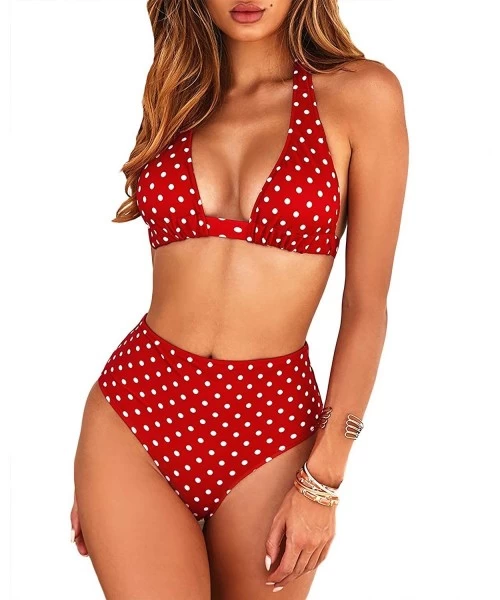 Sets Women's Halter Bikini Sets Padded High Waisted Swimsuits - Polka Dot Print-2 - CH19CGXH0O5