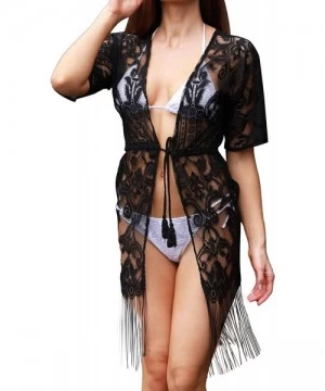 Cover-Ups Women's Lace Swimsuit Cover Up Beach Wear Bikini Kimono Open Front Dress for Summer - Black - CB199MADYI4