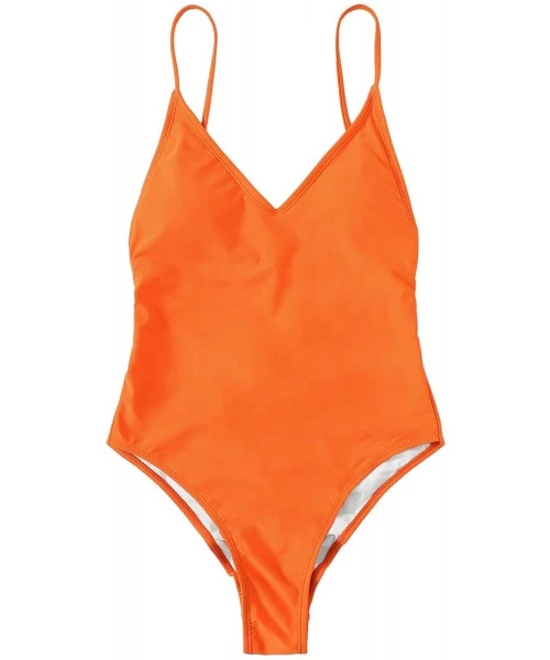 One-Pieces Women's Sexy Plunge Neck Cross Back High Cut One Piece Bathing Suits Swimsuit - Orange - C918QUCDR0S