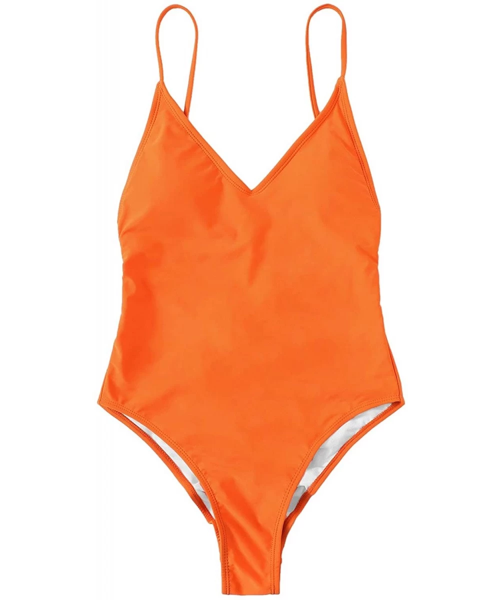 One-Pieces Women's Sexy Plunge Neck Cross Back High Cut One Piece Bathing Suits Swimsuit - Orange - C918QUCDR0S