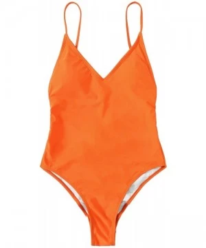 One-Pieces Women's Sexy Plunge Neck Cross Back High Cut One Piece Bathing Suits Swimsuit - Orange - C918QUCDR0S