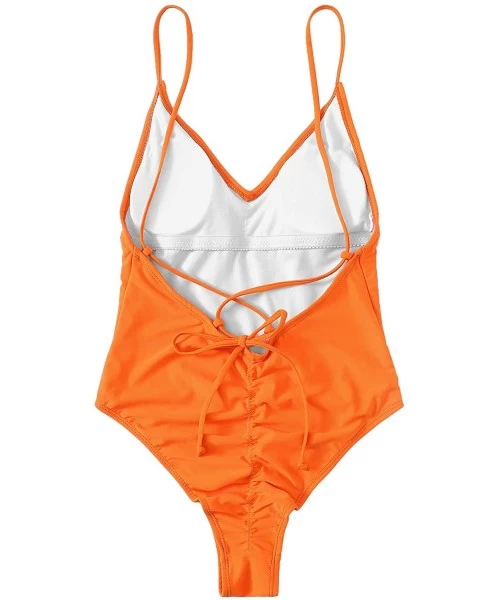 One-Pieces Women's Sexy Plunge Neck Cross Back High Cut One Piece Bathing Suits Swimsuit - Orange - C918QUCDR0S