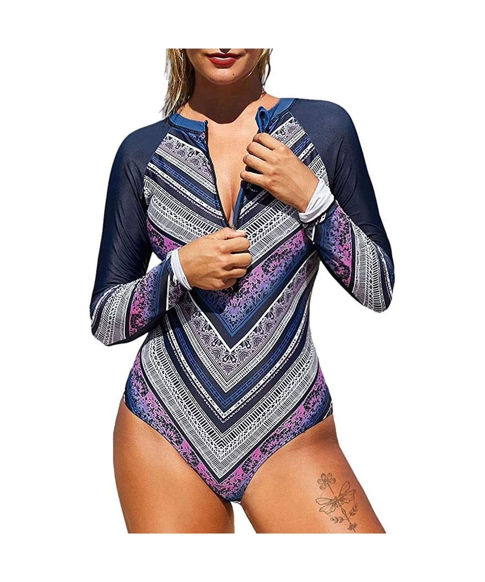 Rash Guards Bikini Set Sexy Floral Print Bikini 2 Piece Swimsuit Push Up Padded Swimwear - Purple-zipped - C8196UK9NS3