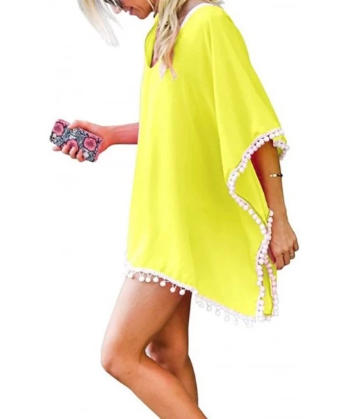 Cover-Ups Women Summer Chiffon Pompom Trim Tassel Beach Dress Swimsuit Bikini Cover Up - Yellow - CO18G9Q7YEK