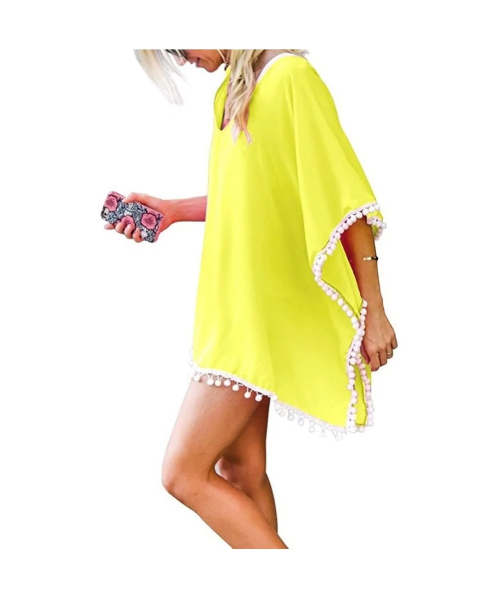 Cover-Ups Women Summer Chiffon Pompom Trim Tassel Beach Dress Swimsuit Bikini Cover Up - Yellow - CO18G9Q7YEK