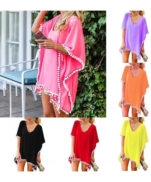 Cover-Ups Women Summer Chiffon Pompom Trim Tassel Beach Dress Swimsuit Bikini Cover Up - Yellow - CO18G9Q7YEK