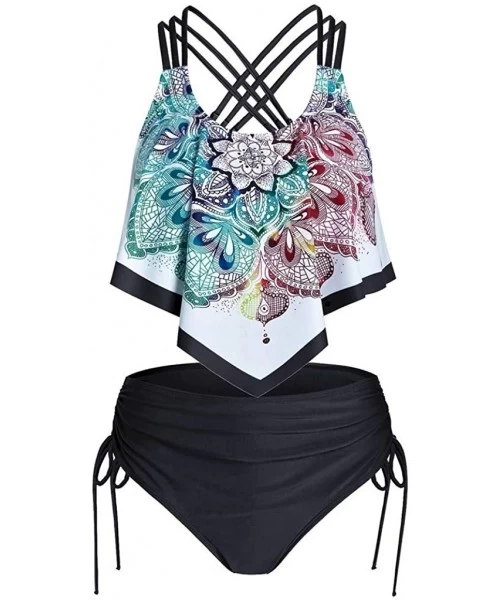 Board Shorts Two Piece Swimsuits for Women - Overlay Print Flowy Tankini Crisscross Tankini Swimwear Plus Size Bathing Suits ...