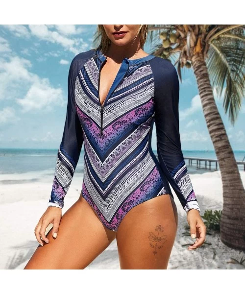 Rash Guards Bikini Set Sexy Floral Print Bikini 2 Piece Swimsuit Push Up Padded Swimwear - Purple-zipped - C8196UK9NS3