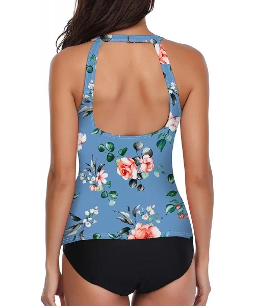 Tankinis Women Tankini Swimsuit High Neck Halter Tummy Control Two Piece Bathing Suit - Sky Blue-flower - CV193UNWN3U