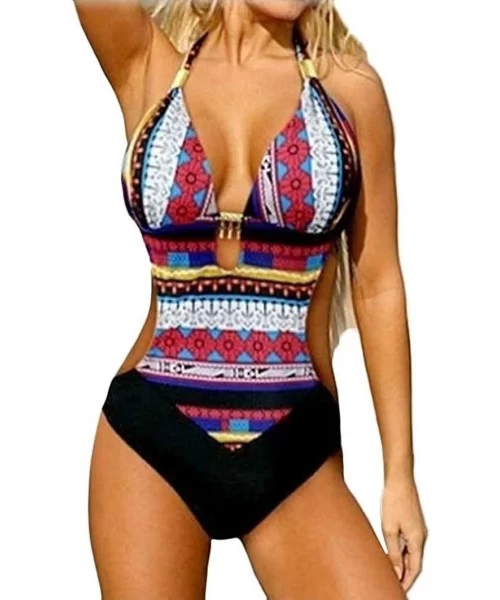 One-Pieces Women Swimsuit-Push-Up Bikini One Piece Bohemia Beachwear Printed Swimwear - Hot Pink - CW18034MW68