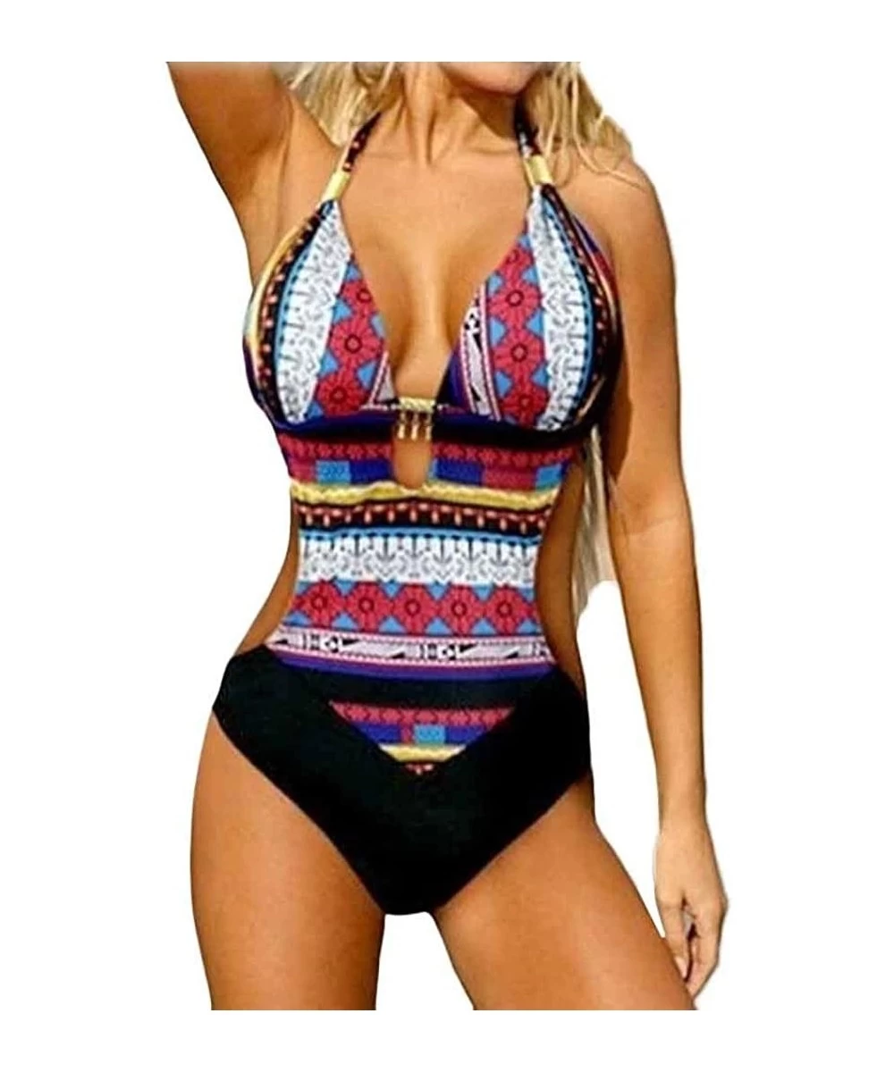 One-Pieces Women Swimsuit-Push-Up Bikini One Piece Bohemia Beachwear Printed Swimwear - Hot Pink - CW18034MW68