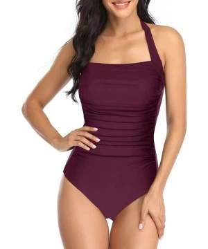 One-Pieces One Piece Swimsuit for Women Ruched Tummy Control Hater Vintage Bathing Suit - Purple-b - C018AS3O72Q