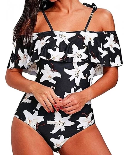 Sets Teen Girls Floral Printed One Piece Monokini Bathing Suits V Neck Ruffles Bikini Set Swimwear - 03 Black - C9196SA3AWK