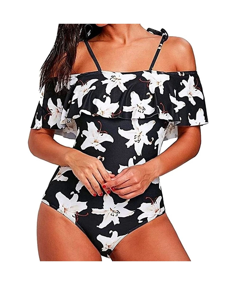 Sets Teen Girls Floral Printed One Piece Monokini Bathing Suits V Neck Ruffles Bikini Set Swimwear - 03 Black - C9196SA3AWK