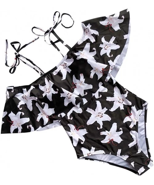 Sets Teen Girls Floral Printed One Piece Monokini Bathing Suits V Neck Ruffles Bikini Set Swimwear - 03 Black - C9196SA3AWK