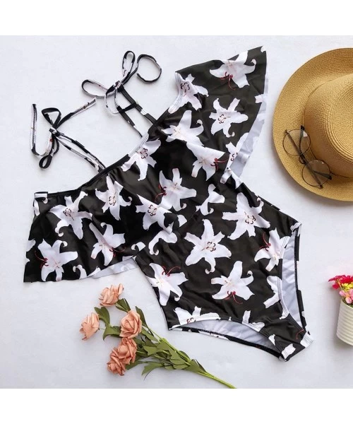 Sets Teen Girls Floral Printed One Piece Monokini Bathing Suits V Neck Ruffles Bikini Set Swimwear - 03 Black - C9196SA3AWK