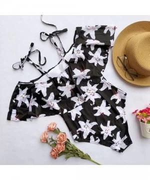 Sets Teen Girls Floral Printed One Piece Monokini Bathing Suits V Neck Ruffles Bikini Set Swimwear - 03 Black - C9196SA3AWK