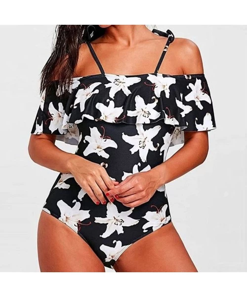 Sets Teen Girls Floral Printed One Piece Monokini Bathing Suits V Neck Ruffles Bikini Set Swimwear - 03 Black - C9196SA3AWK