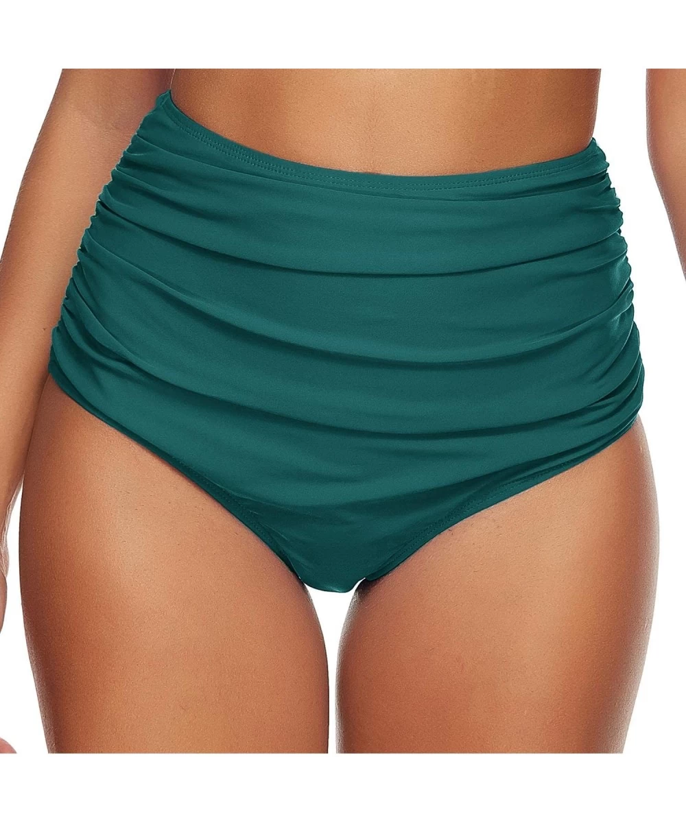 Bottoms Women Vintage High Waist Bikini Bottom Ruched Tummy Control Swim Bottoms - Green - C6192E5INOY