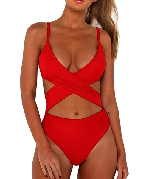 Sets Women's Sexy Criss Cross High Waisted Cut Out One Piece Monokini Swimsuit - Red - CF18NEL2DX2