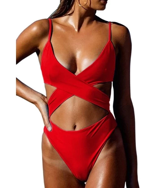 Sets Women's Sexy Criss Cross High Waisted Cut Out One Piece Monokini Swimsuit - Red - CF18NEL2DX2