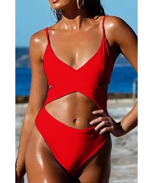 Sets Women's Sexy Criss Cross High Waisted Cut Out One Piece Monokini Swimsuit - Red - CF18NEL2DX2