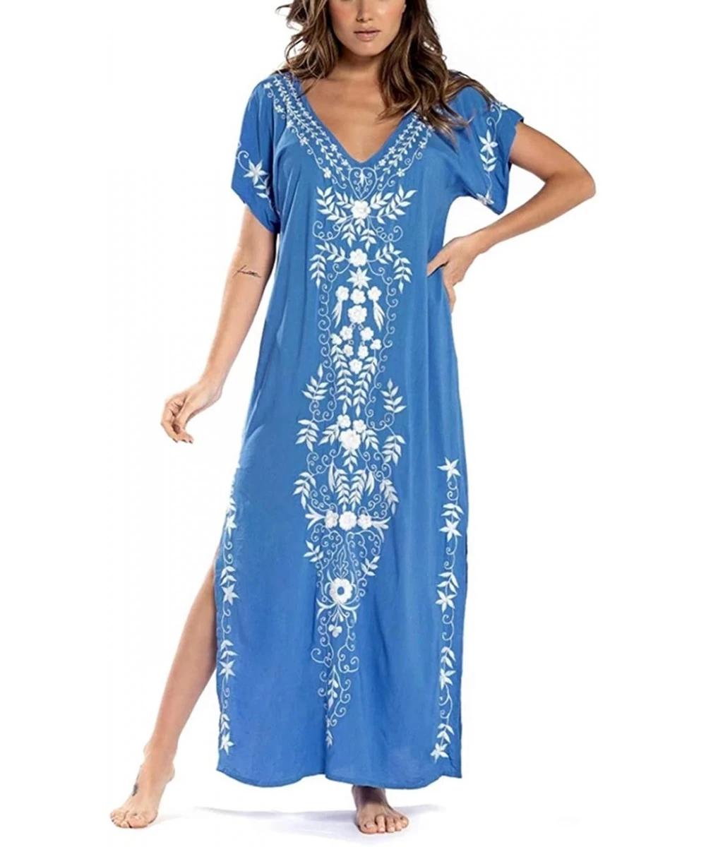 Cover-Ups Women Beachwear Turkish Kaftans Floral Print Long Bikini Swimsuit Cover up Caftan Beach Dress - E-kaftans-blue - CB...