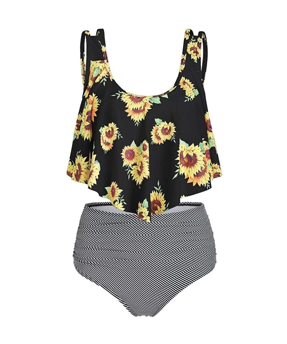 Sets Women Ruffled High Waisted Tankini Set Solid Strap Tank Tops Swimwear Sunflower Buttom 2PC Bathing Suit 8 multicolor - C...