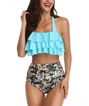 Sets Womens Two Piece Ruffled Flounce High Waisted Printed Bikini Set Swimwear Swimsuits - 105 Light Blue - C918NNQY0W5