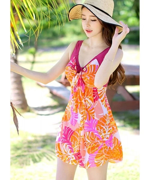 One-Pieces Women's One Piece Printed Mesh Beach Swim Dress Bow-Knot - Orange - CH12J2MDUNR