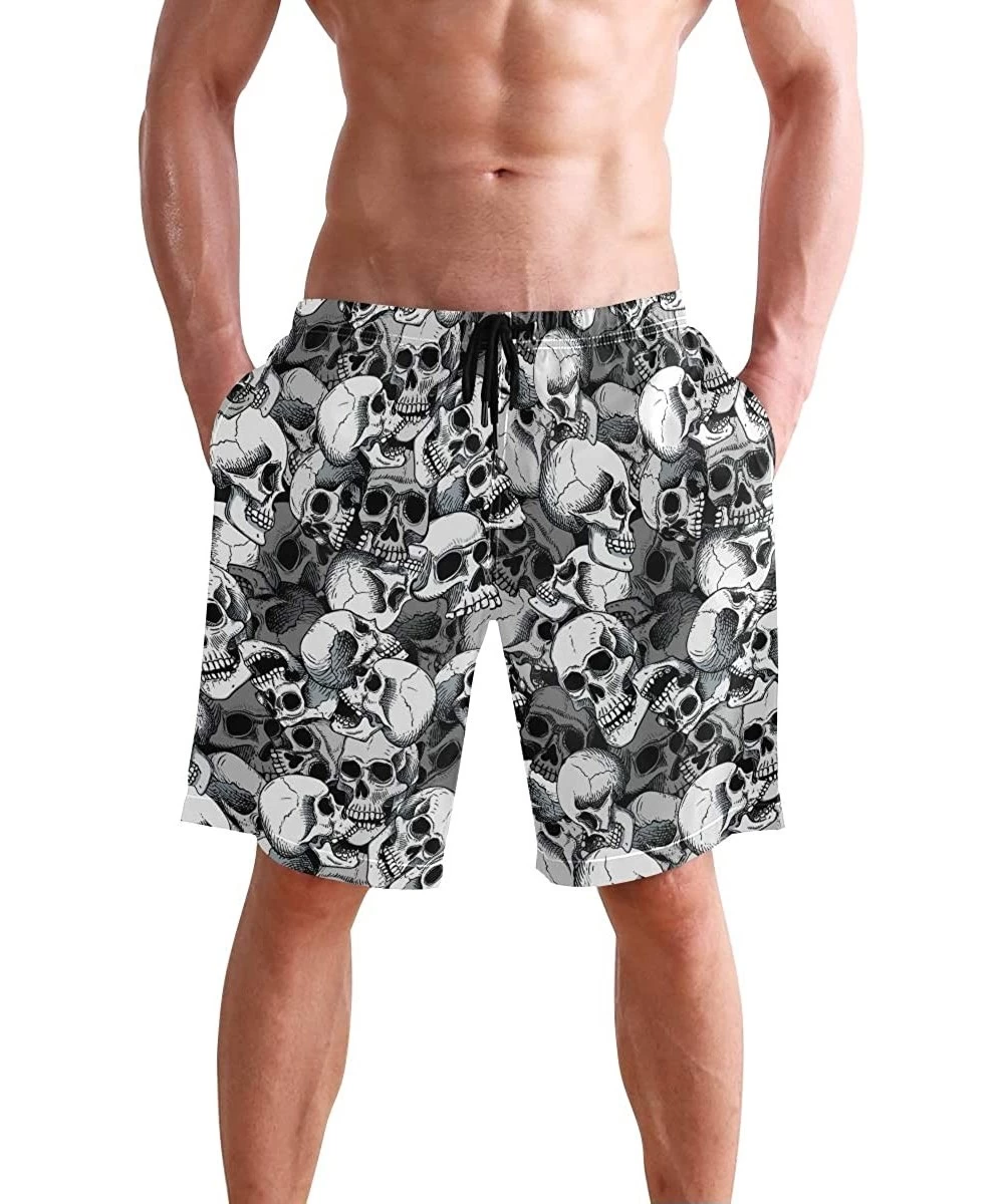 Board Shorts Men's Swim Trunks Black White Skulls Line Art Long Elastic Beach Board Shorts with Lining - CI193QEMRTX