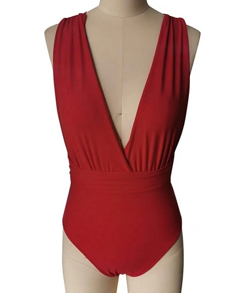 Rash Guards Womens One Piece Swimsuits Push Up Padded Bikini Deep V Self Tie Multiway Swimsuit Swimwear - Red - CZ196T52UK9