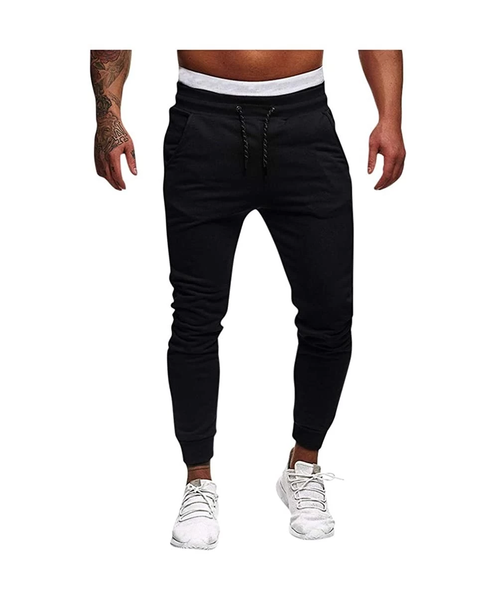 Briefs Sports Pants for Men with Pocket- Slim Fit Straight Ripped Bodybuilding Flexible Waist Long Pants Trousers - Black - C...