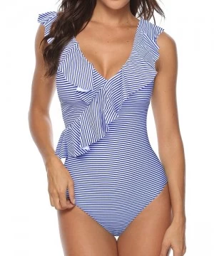 One-Pieces Women Fashion One Piece Flounce Swimsuit Floral Printed Deep V Neck Bathing Suit Swimwear - Blue - C118XOMWENT