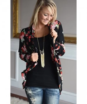 Cover-Ups Women's Floral Striped Leopard Printed Kimono Casual Loose Open Front Cardigan Tops Cover Up - Black - CD12MA0QZ15