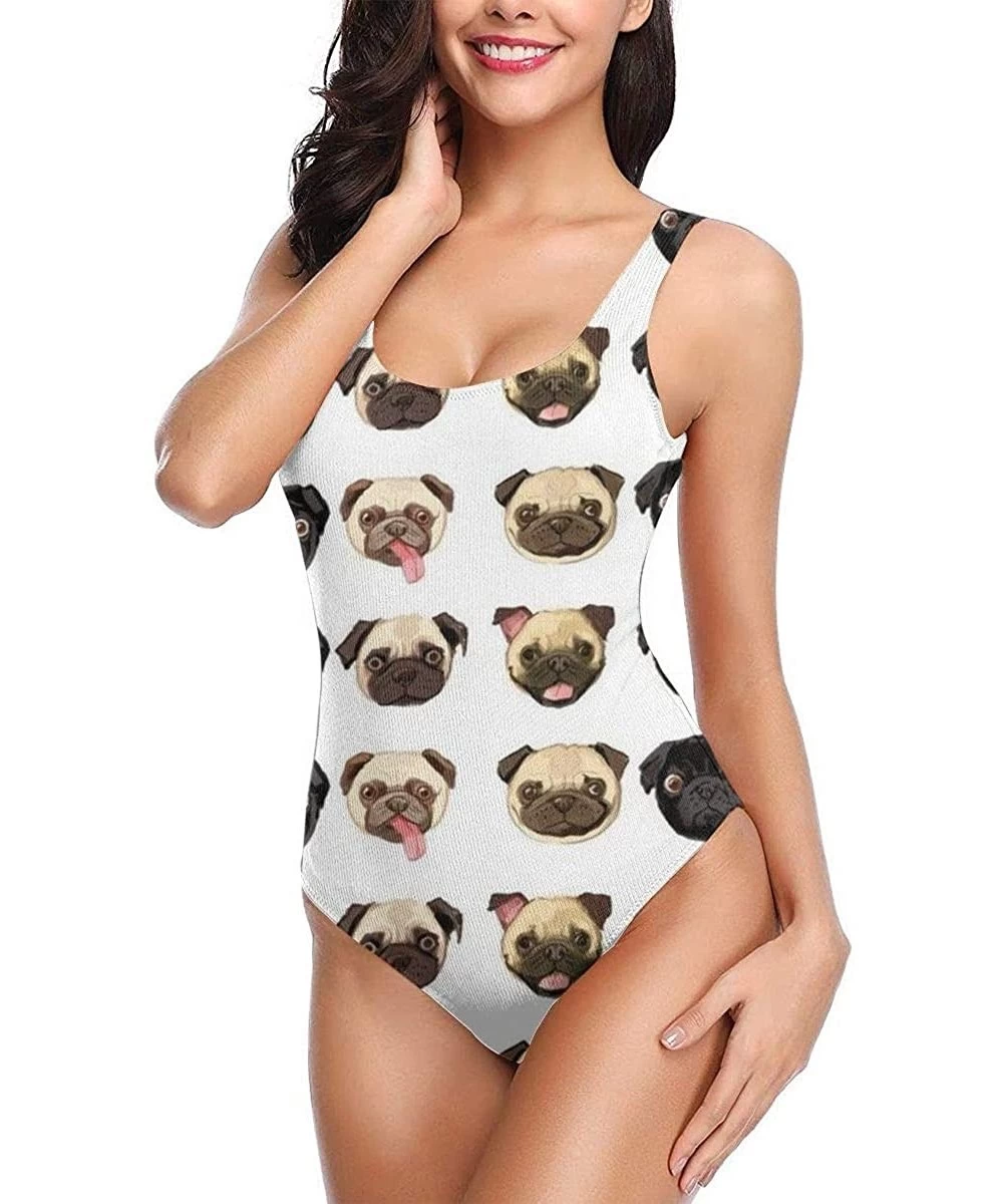 One-Pieces Women's Sexy Backless One Piece Swimsuit Black and Gold Stars Printed Swimwear for Women - Cute Funny Pug Dog - CR...