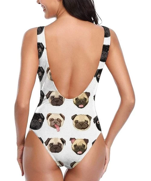 One-Pieces Women's Sexy Backless One Piece Swimsuit Black and Gold Stars Printed Swimwear for Women - Cute Funny Pug Dog - CR...